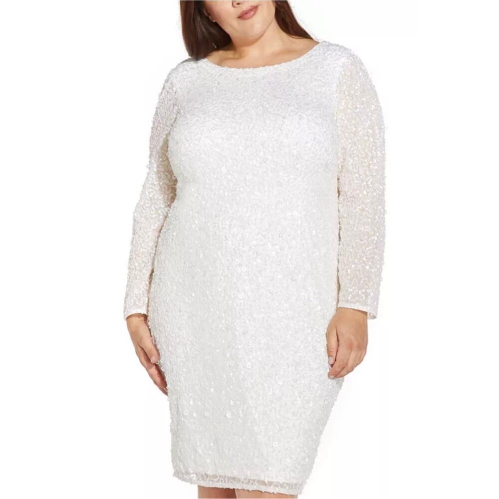 Adrianna Papell Women's Cocktail Dress Size 20W White Sequin Long Sleeve Sheath